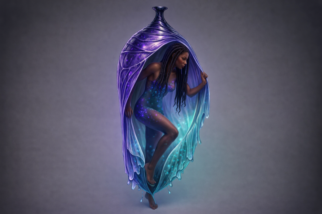 Woman emerging from purple and teal cocoon