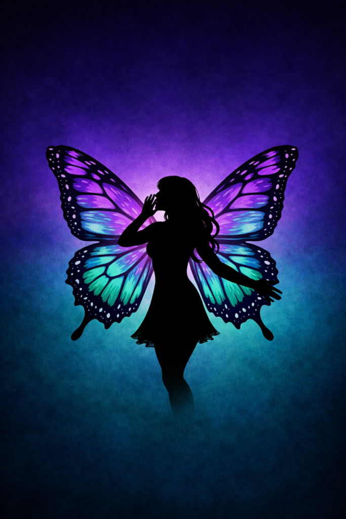 Silhouette of a woman with butterfly wings in purple and teal with her hand to her mouth symbolizing giving her a voice.