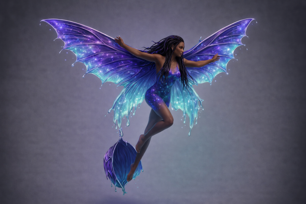 woman with pruple and teal butterfly wings spread taking flight from cocoon